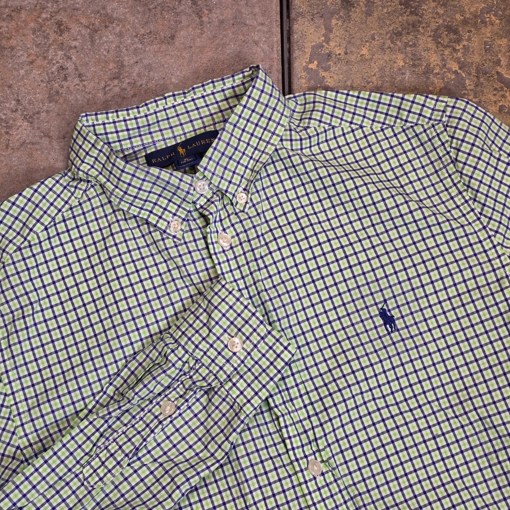 Polo Ralph Lauren youth XL 18-20 Gingham Check Button Down Shirt Green Navy Blue